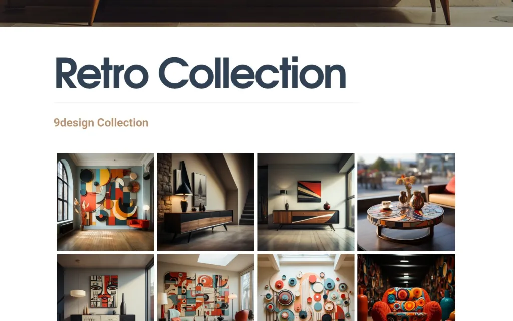 9 Design Architects Retro Collection page with a gallery of furniture and wall-art designs