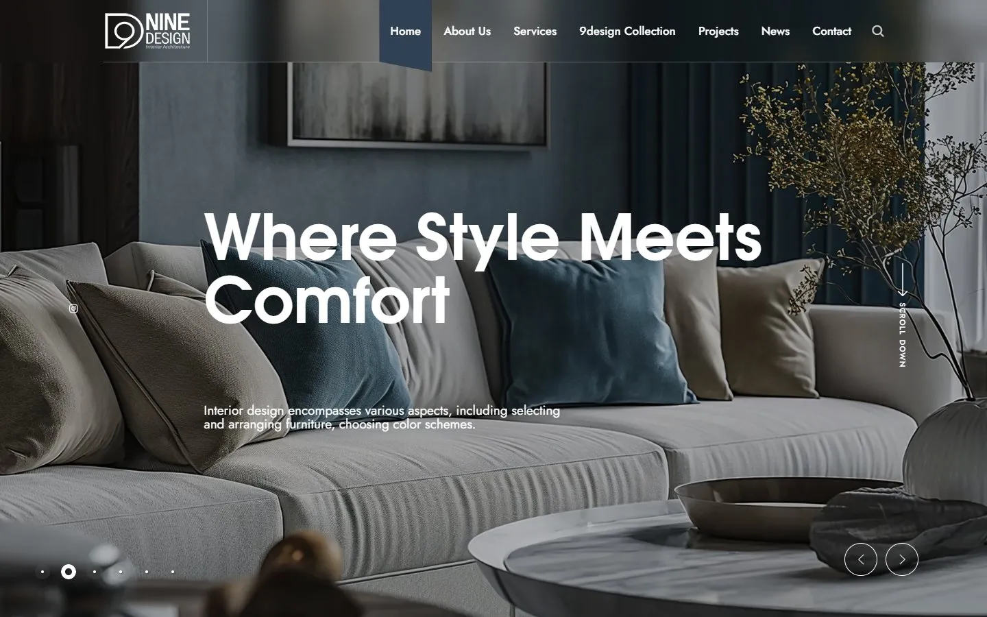 9 Design Architects homepage on desktop, with a full-screen interior slider and the headline Where Style Meets Comfort