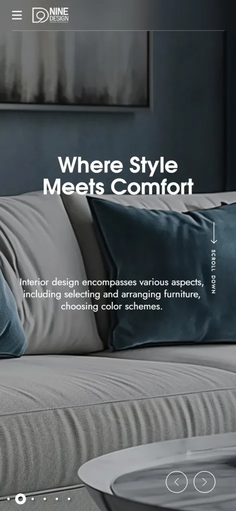 9 Design Architects homepage on a mobile phone, with the interior slider and headline