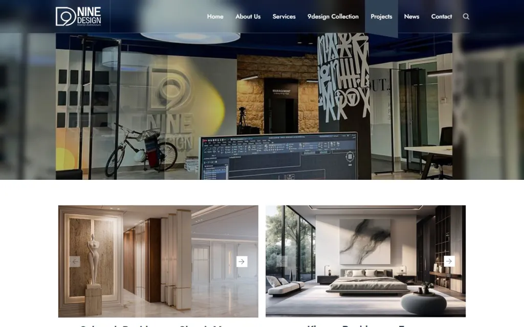 9 Design Architects Projects page with a studio photo and project cards