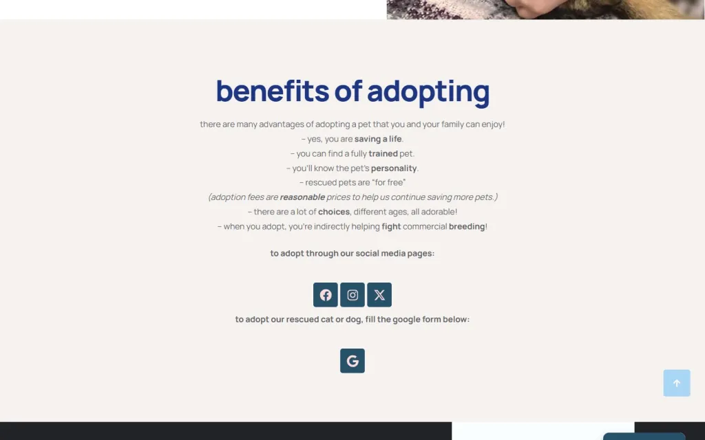 Adopt Don’t Shop adoption page with the benefits of adopting and a link to the adoption application form