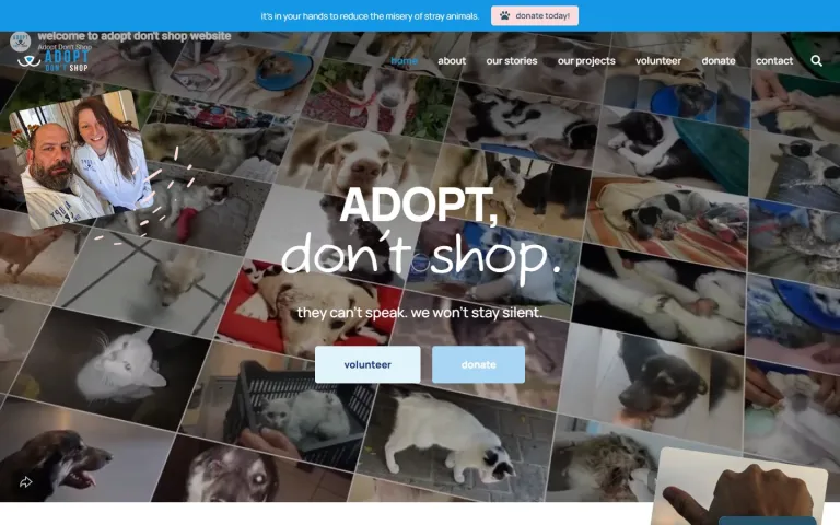 Adopt Don’t Shop homepage on desktop, with the headline Adopt, don’t shop over a collage of rescued animals, and Volunteer and Donate buttons
