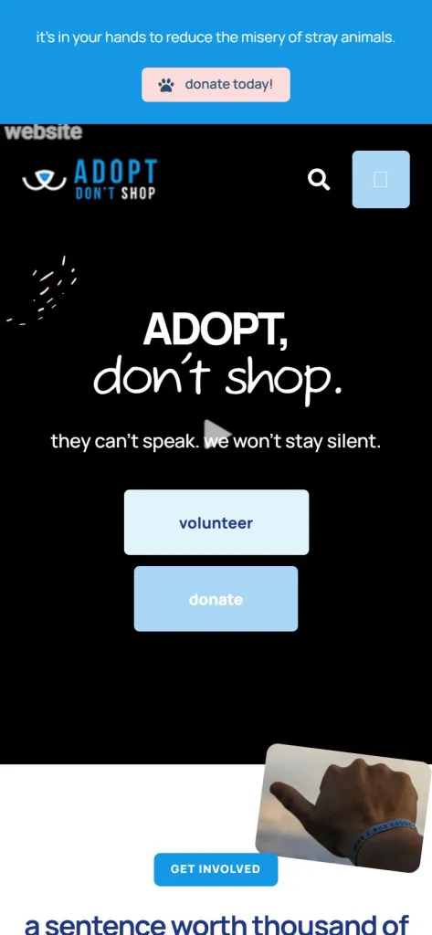 Adopt Don’t Shop homepage on a mobile phone, with Volunteer and Donate buttons