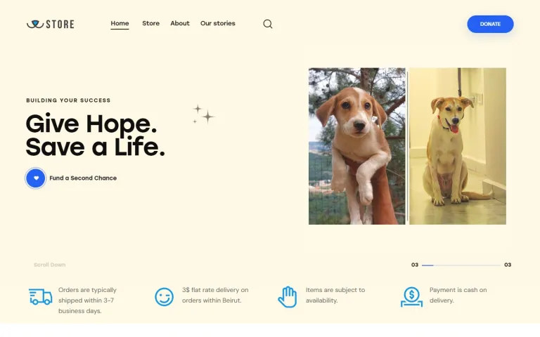 ADS Charity Store homepage on desktop, with the headline Give Hope. Save a Life., photos of rescued dogs, and a Donate button