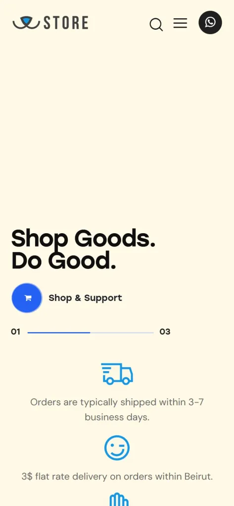 ADS Charity Store homepage on a mobile phone, with the headline Shop Goods. Do Good. and store information