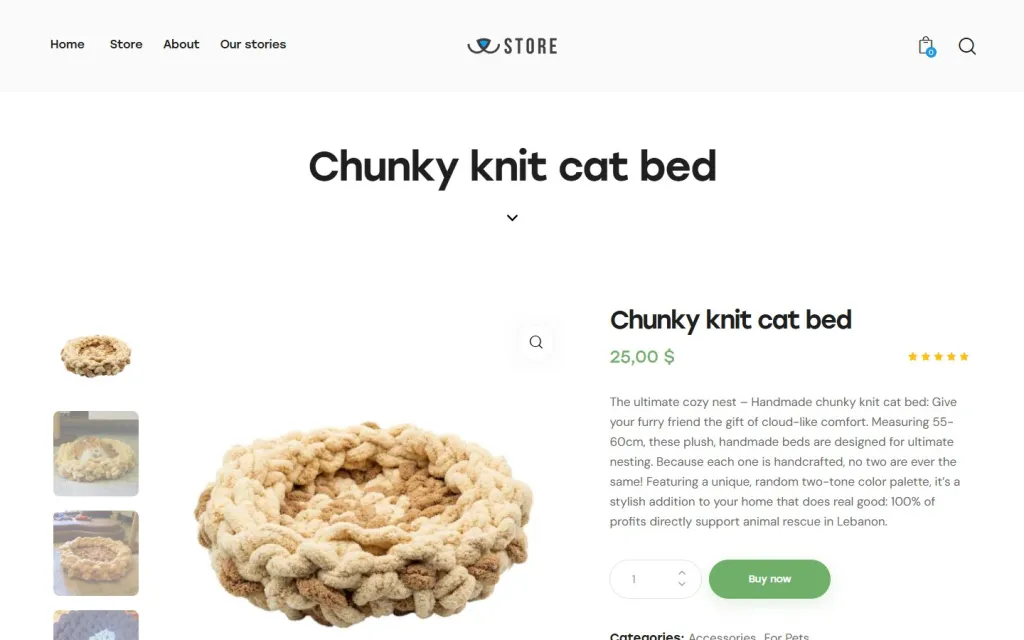 ADS Charity Store product page for a chunky knit cat bed, with photos, price, description and a Buy now button