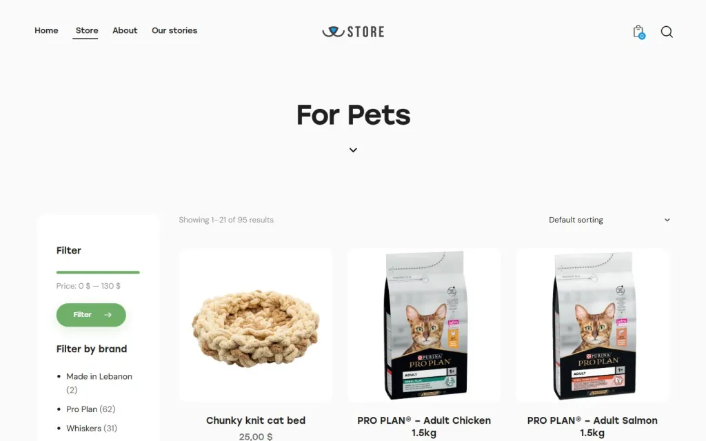ADS Charity Store For Pets category page with price and brand filters and a product grid