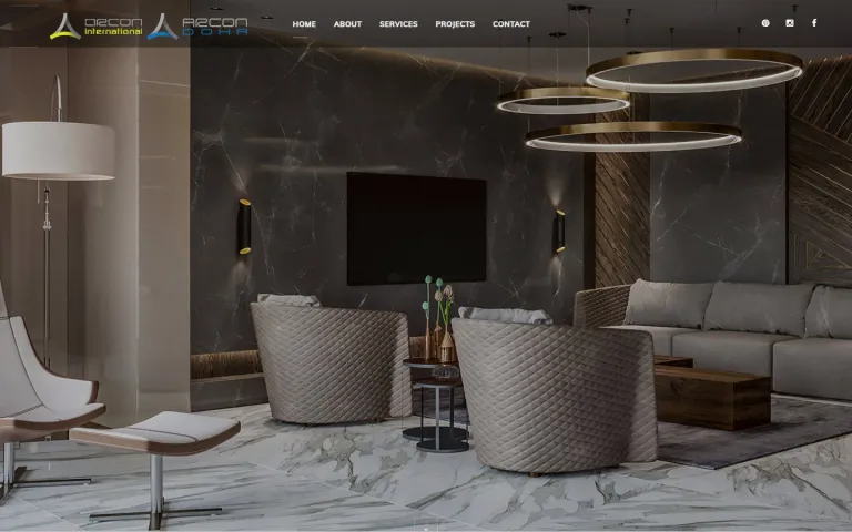 Arcon homepage on desktop, with a full-screen interior design image and the main navigation