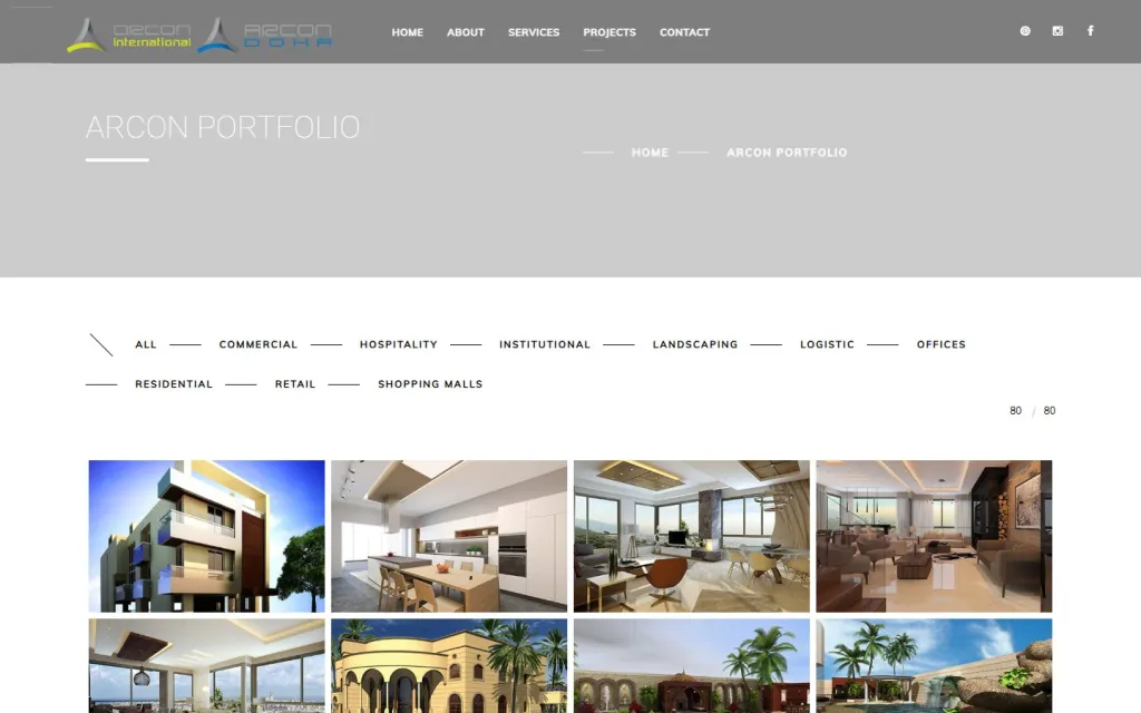 Arcon Portfolio page with project category filters and a grid of project images