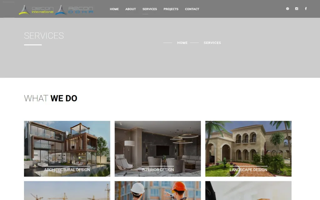 Arcon Services page with image cards for architectural, interior and landscape design