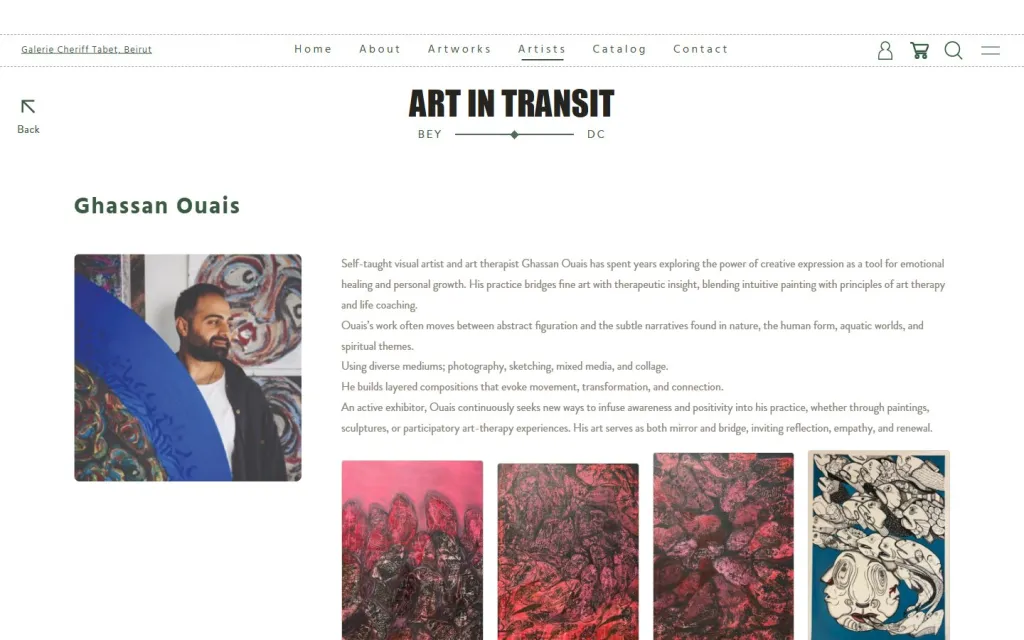 Individual artist page on Arts in Transit with the artist’s biography and a selection of their works