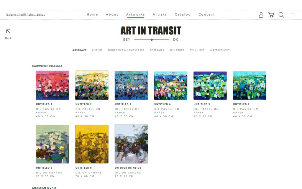 Arts in Transit artwork browsing page with category filters (Abstract, Cubism, Figurative & Landscapes, Portraits, Sculpture, Still Lifes, Watercolors) and artworks grouped by artist