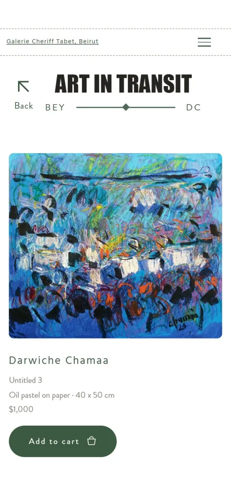 Individual artwork page on Arts in Transit on a mobile phone, with the painting, details, price, and Add to cart button