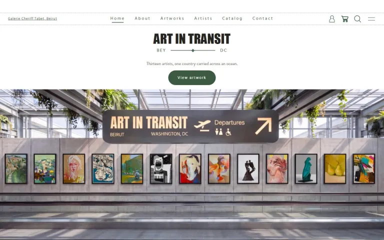 Arts in Transit homepage on desktop, with the exhibition title, a short introduction, a View artwork button, and a gallery wall of featured artworks