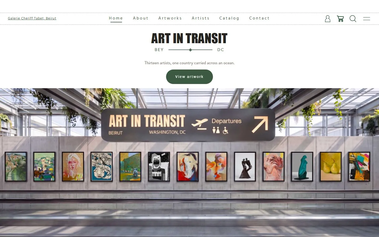 Arts in Transit homepage on desktop, with the exhibition title, a short introduction, a View artwork button, and a gallery wall of featured artworks