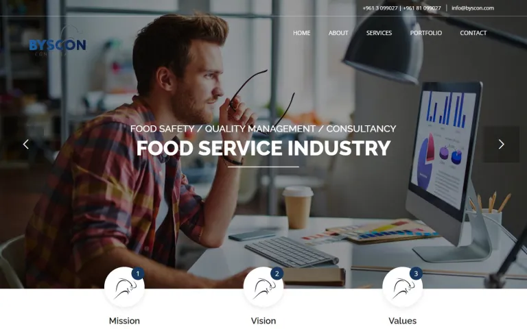 Byscon homepage on desktop, with a slider headline Food Service Industry and Mission, Vision and Values icons