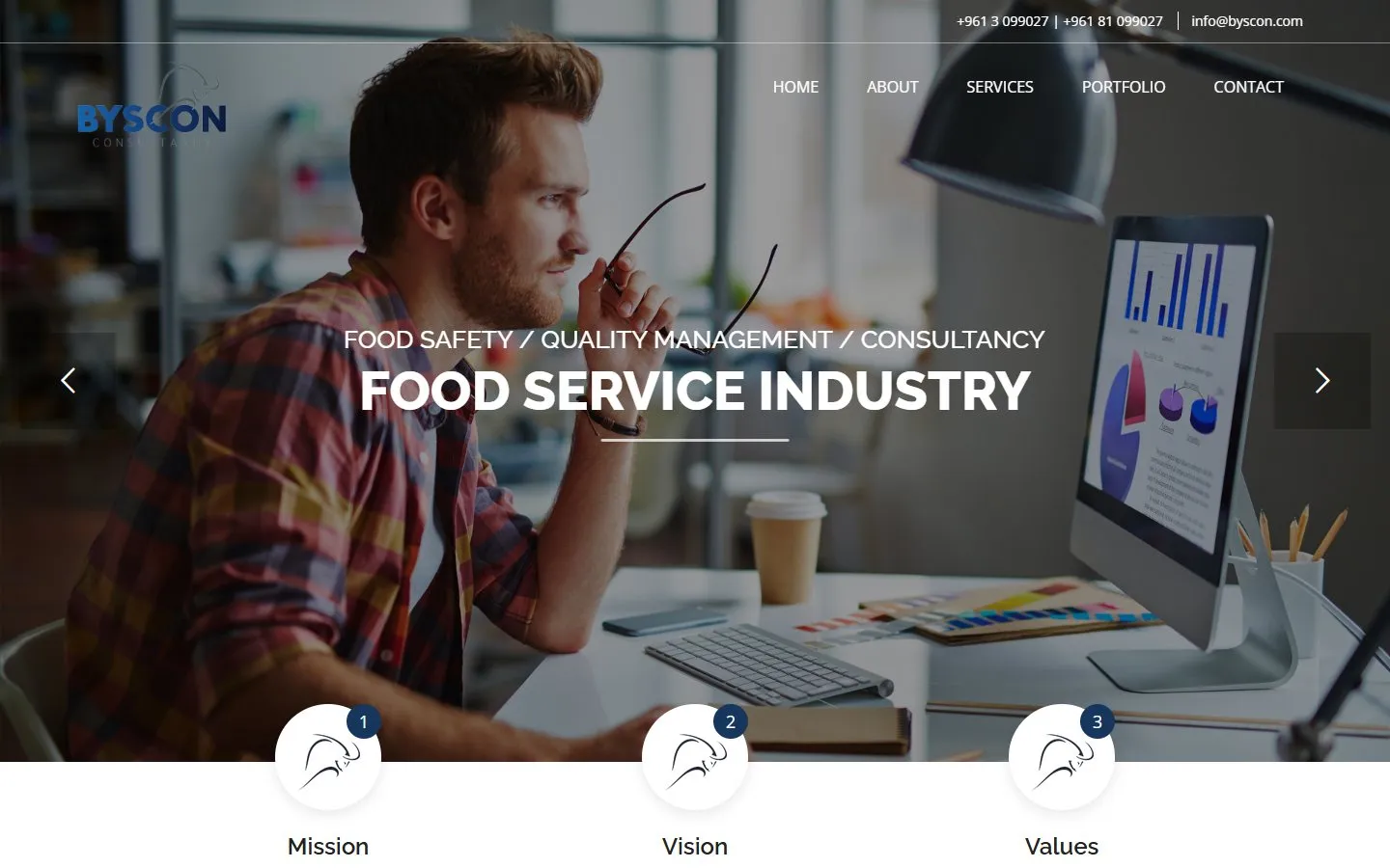 Byscon homepage on desktop, with a slider headline Food Service Industry and Mission, Vision and Values icons