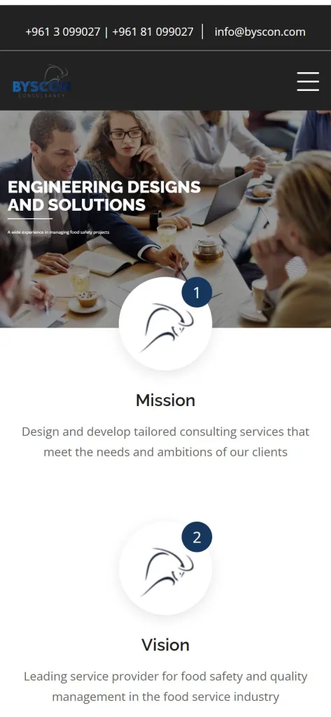 Byscon homepage on a mobile phone, with the slider and Mission and Vision sections