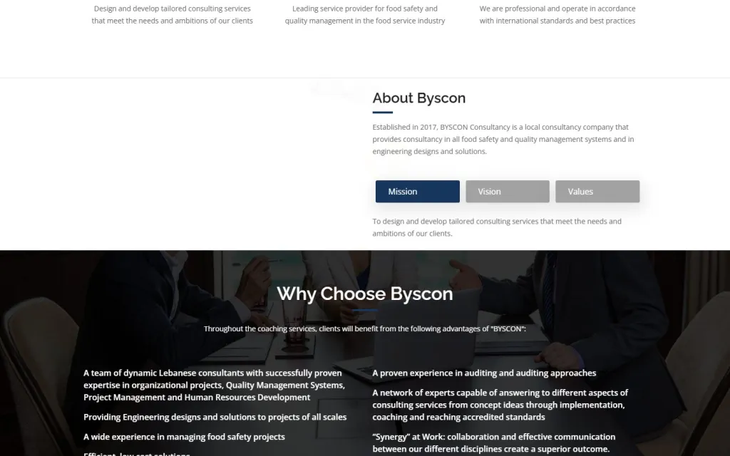 Byscon homepage sections About Byscon with Mission, Vision and Values tabs, and Why Choose Byscon