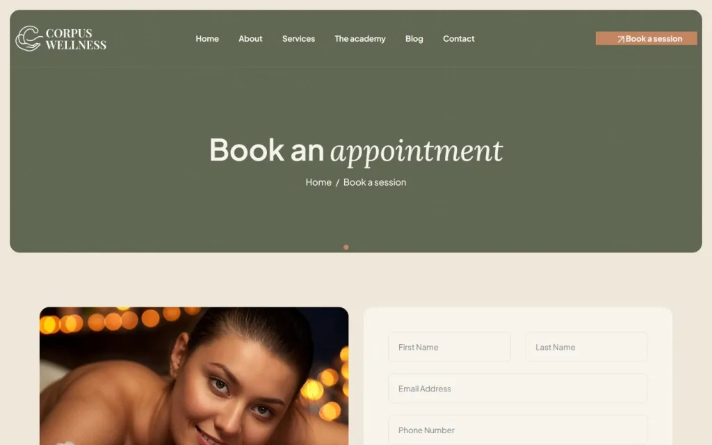 Corpus Wellness Book an appointment page with the online booking form