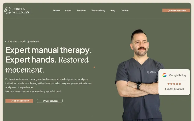 Corpus Wellness homepage on desktop, with the headline Expert manual therapy, Book a session and Our services buttons, and a photo of the therapist
