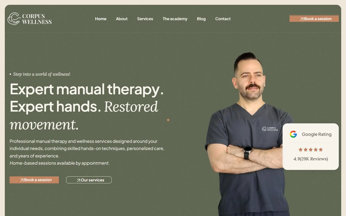 Corpus Wellness homepage on desktop, with the headline Expert manual therapy, Book a session and Our services buttons, and a photo of the therapist