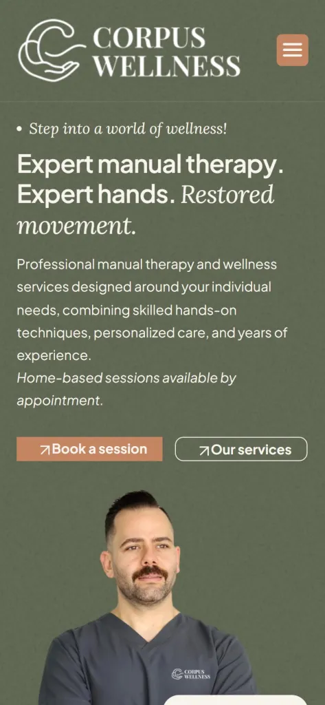 Corpus Wellness homepage on a mobile phone, with the headline, introduction and Book a session button