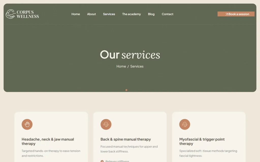Corpus Wellness Our services page with cards for each manual therapy service