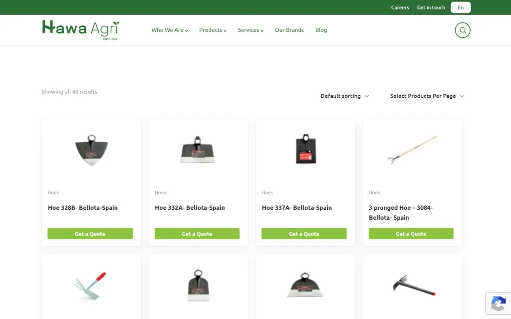 Hawa Agri agricultural tools category page showing a grid of hoes with sorting options and Get a Quote buttons