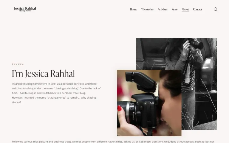 Jessica Rahhal website About page on desktop, with the heading I’m Jessica Rahhal, an introduction and photography images