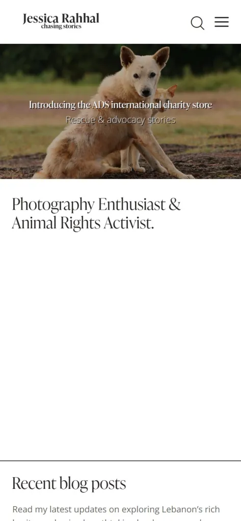 Jessica Rahhal homepage on a mobile phone, with a featured story and introduction