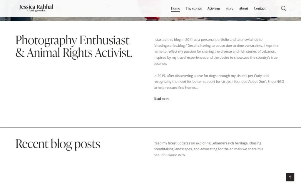 Jessica Rahhal homepage introduction section, Photography Enthusiast & Animal Rights Activist, followed by Recent blog posts