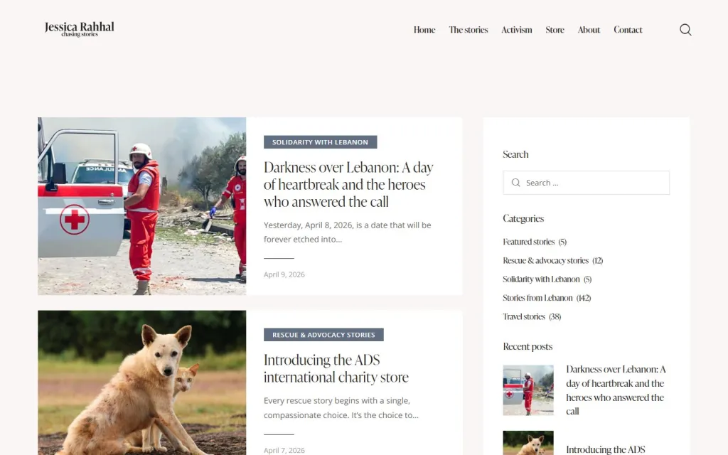 Jessica Rahhal stories page with blog post cards, a search box and story categories