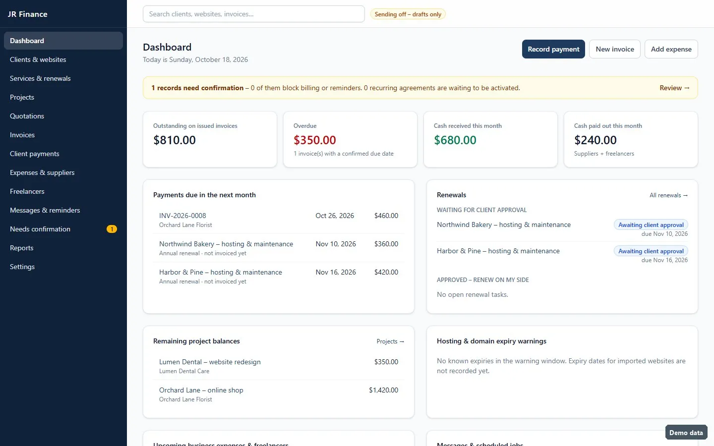 JR Finance Manager dashboard with demo data: outstanding, overdue, cash received and cash paid out totals, payments due next month, renewals awaiting client approval and remaining project balances