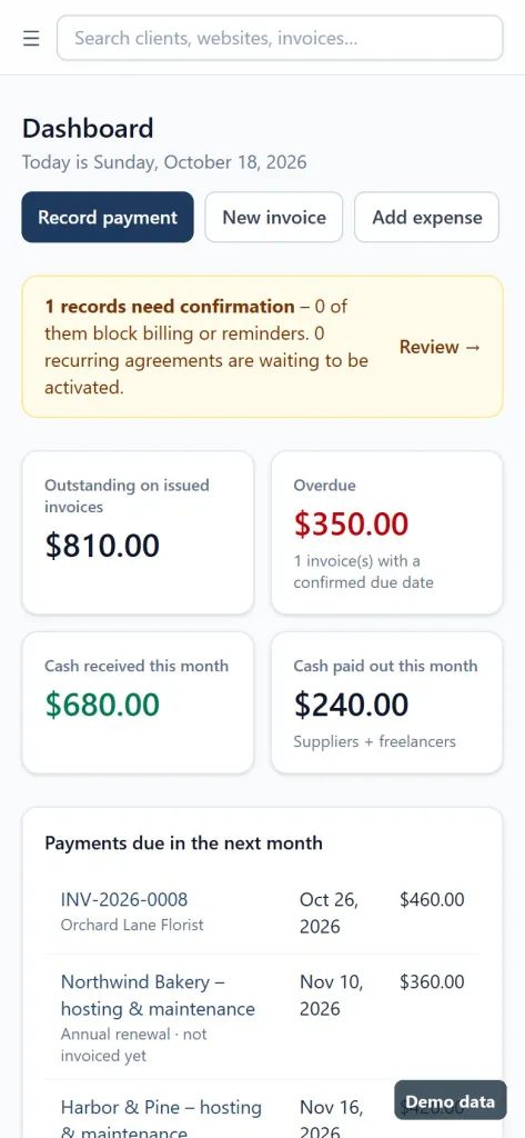 JR Finance Manager dashboard on a mobile phone with demo data, showing quick actions and summary totals