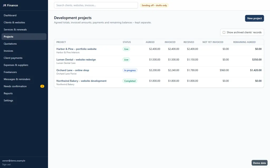 JR Finance Manager development projects list with demo data, showing agreed, invoiced, received, not yet invoiced and remaining amounts for each project