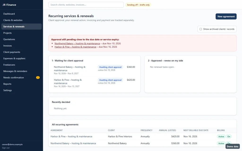 JR Finance Manager recurring services and renewals page with demo data, showing renewals waiting for client approval and the list of hosting and maintenance agreements