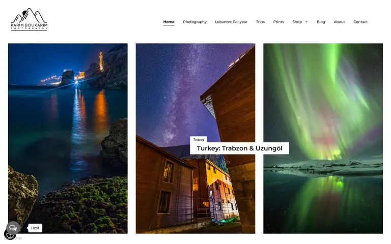 Karim Boukarim Photography homepage on desktop, with three large night and aurora photographs