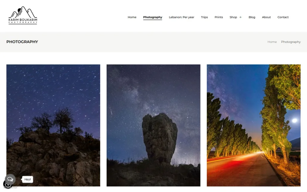 Karim Boukarim Photography gallery page with night-sky landscape photographs