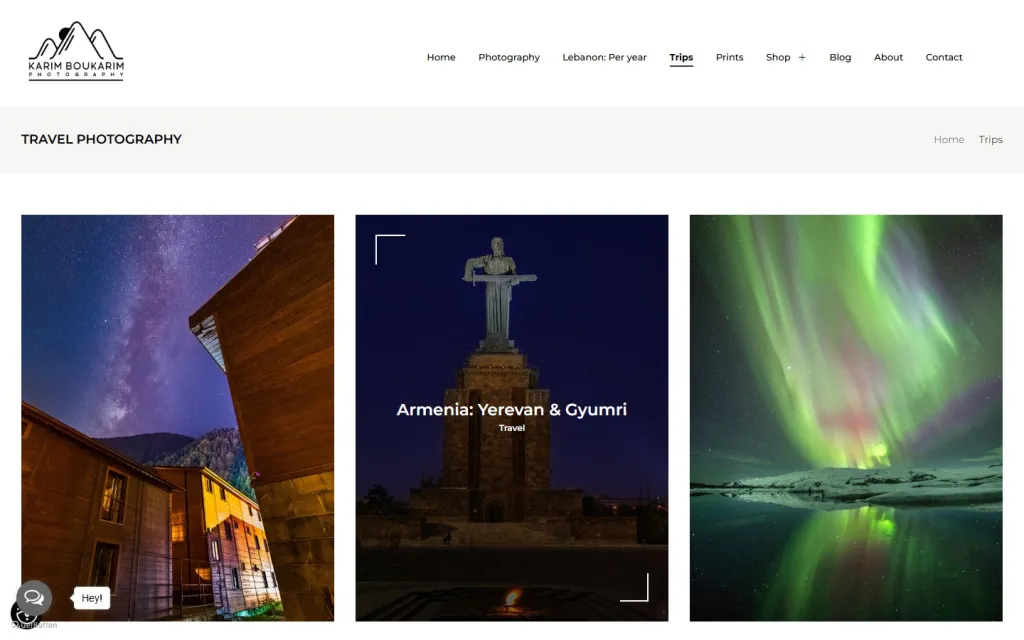 Karim Boukarim Travel Photography page with photo cards for each trip