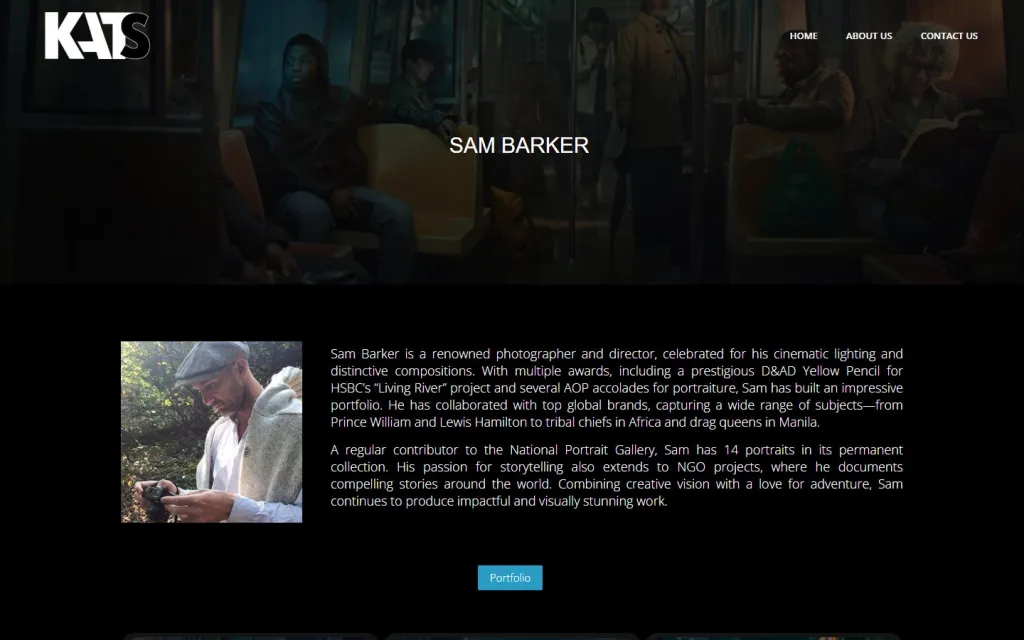 Kats Media individual artist page with a header image, biography and Portfolio button