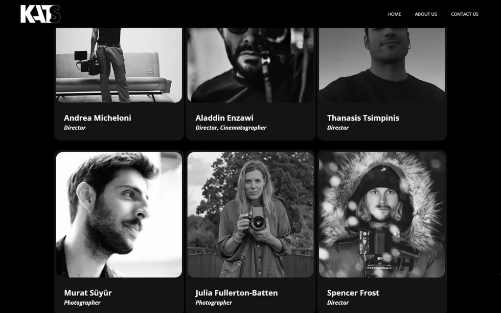 Kats Media artist directory with black-and-white portraits, names and roles such as Director and Photographer