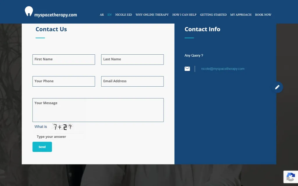 My Space Therapy booking section with a contact form for requesting a session