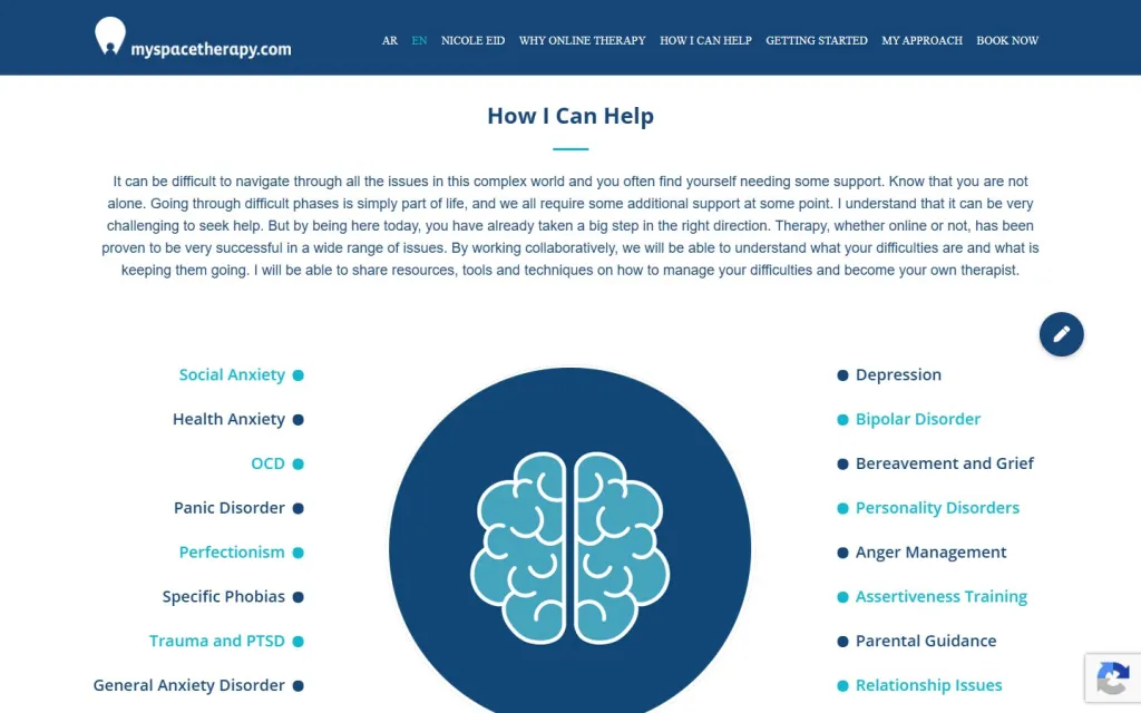 My Space Therapy How I Can Help section listing areas of support around a brain illustration