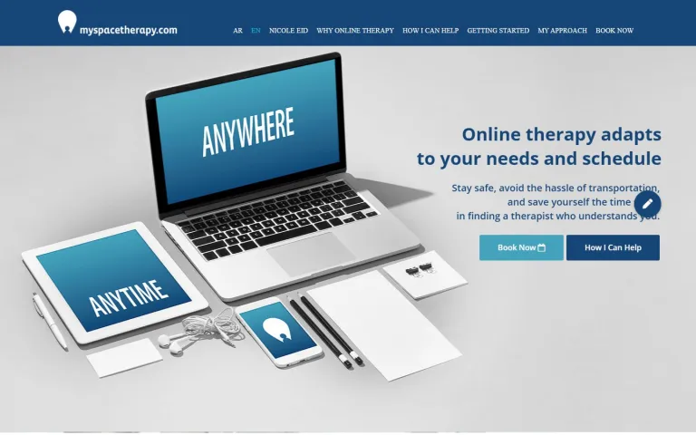 My Space Therapy homepage on desktop, with a laptop and tablet showing Anywhere and Anytime, the headline Online therapy adapts to your needs and schedule, and Book Now and How I Can Help buttons