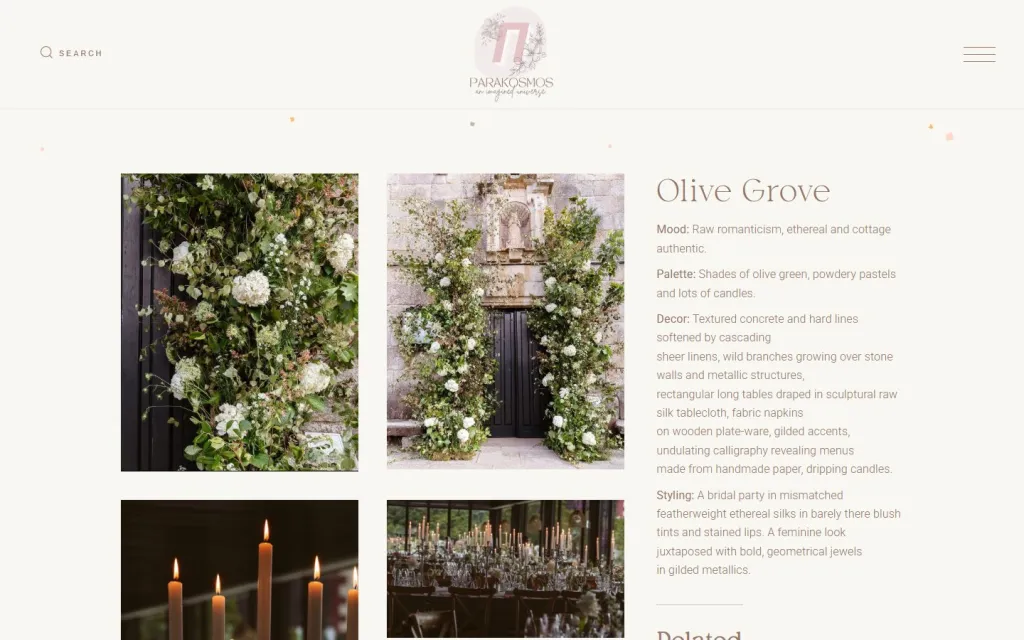 Parakosmos Events Olive Grove moodboard page with floral and candlelit event photos and notes on mood, palette, decor and styling