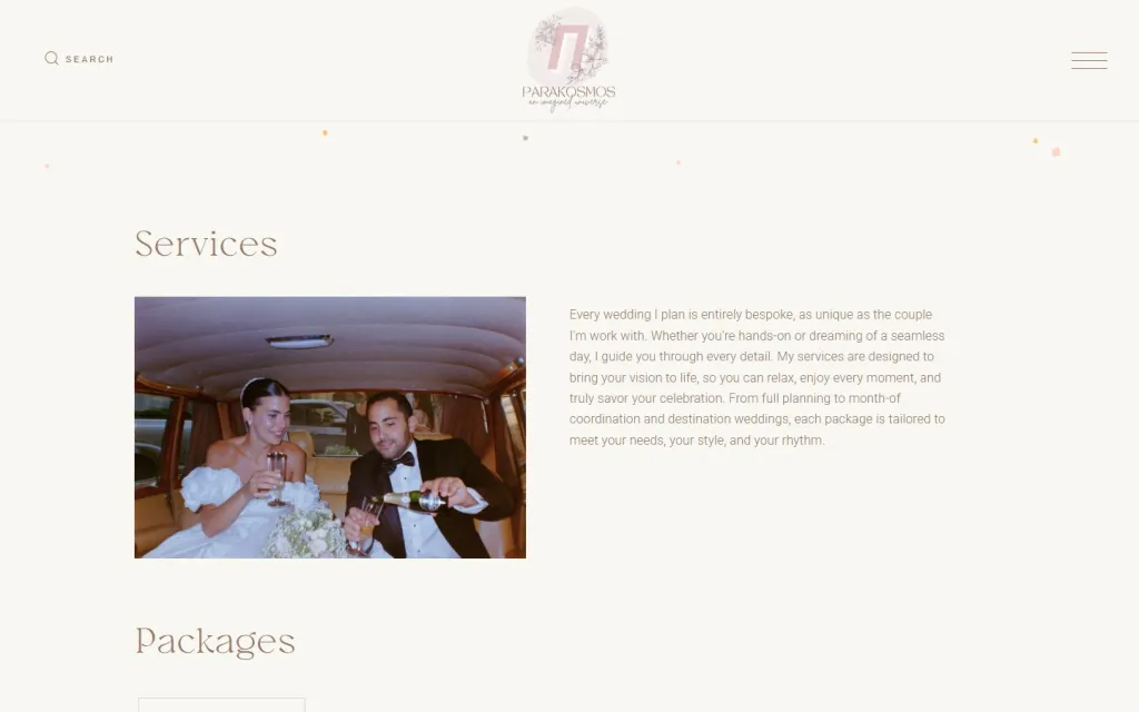 Parakosmos Events Services page with a wedding photo, an introduction to the services and a Packages section