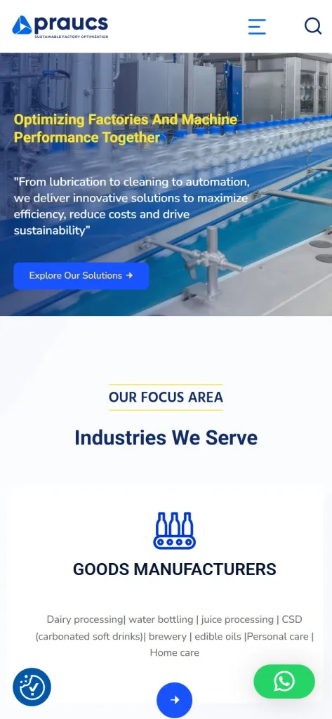 PRAUCS homepage on a mobile phone, with the hero headline and the Industries We Serve section