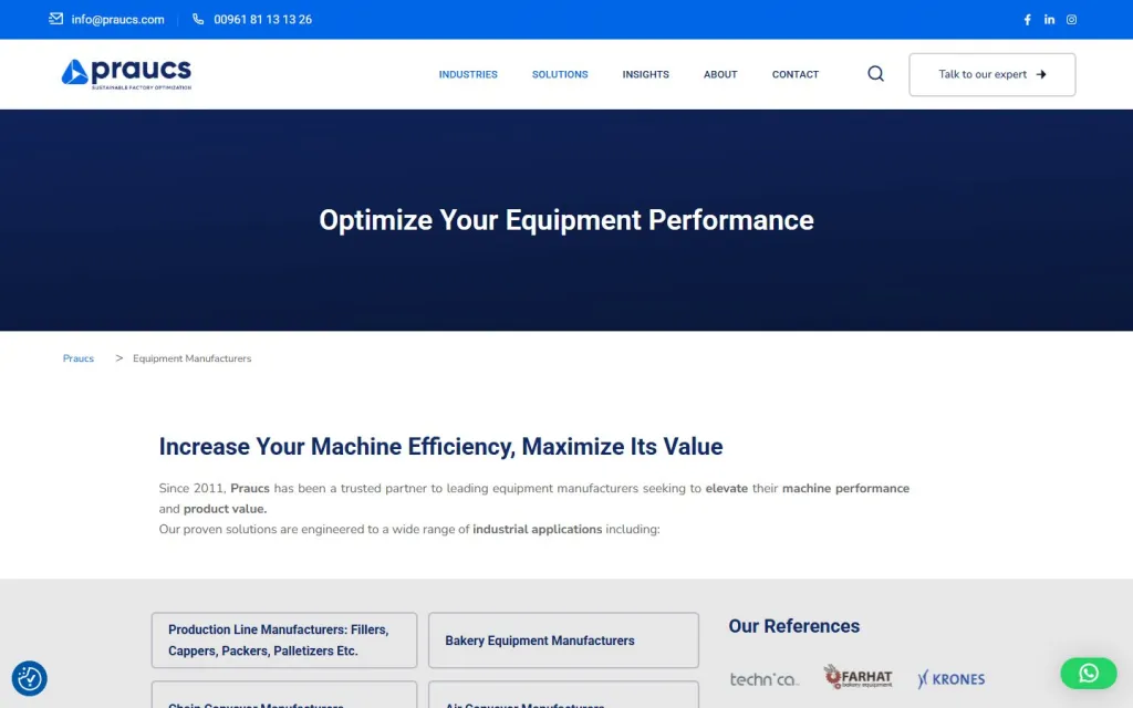 PRAUCS Optimize Your Equipment Performance page with an introduction, application categories and reference logos
