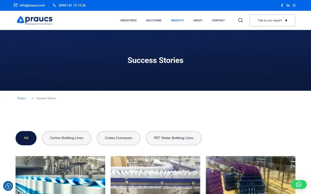 PRAUCS Success Stories page with category filter buttons and project cards
